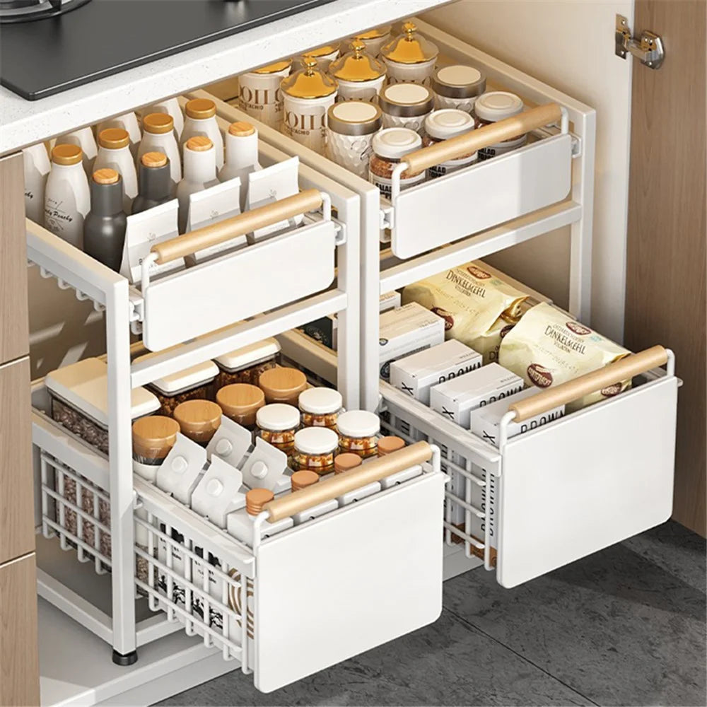 006-ZWJ-70090-WH 2 Layers Pull Out Cabinet Organizer Installation-Free Slide Out Drawers for Kitchen Seasonings Sundries - 2