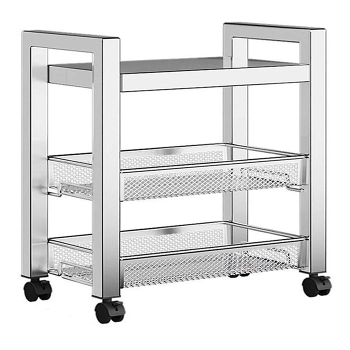 005JGL1034 3-Tier Storage Trolley Cart Stainless Steel Kitchen Rolling Shelf Organizer - 2 Mesh Tier+1 Board - 1