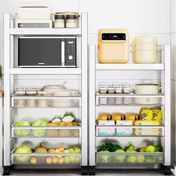 005JGL1034 3-Tier Storage Trolley Cart Stainless Steel Kitchen Rolling Shelf Organizer - 2 Mesh Tier+1 Board - 4