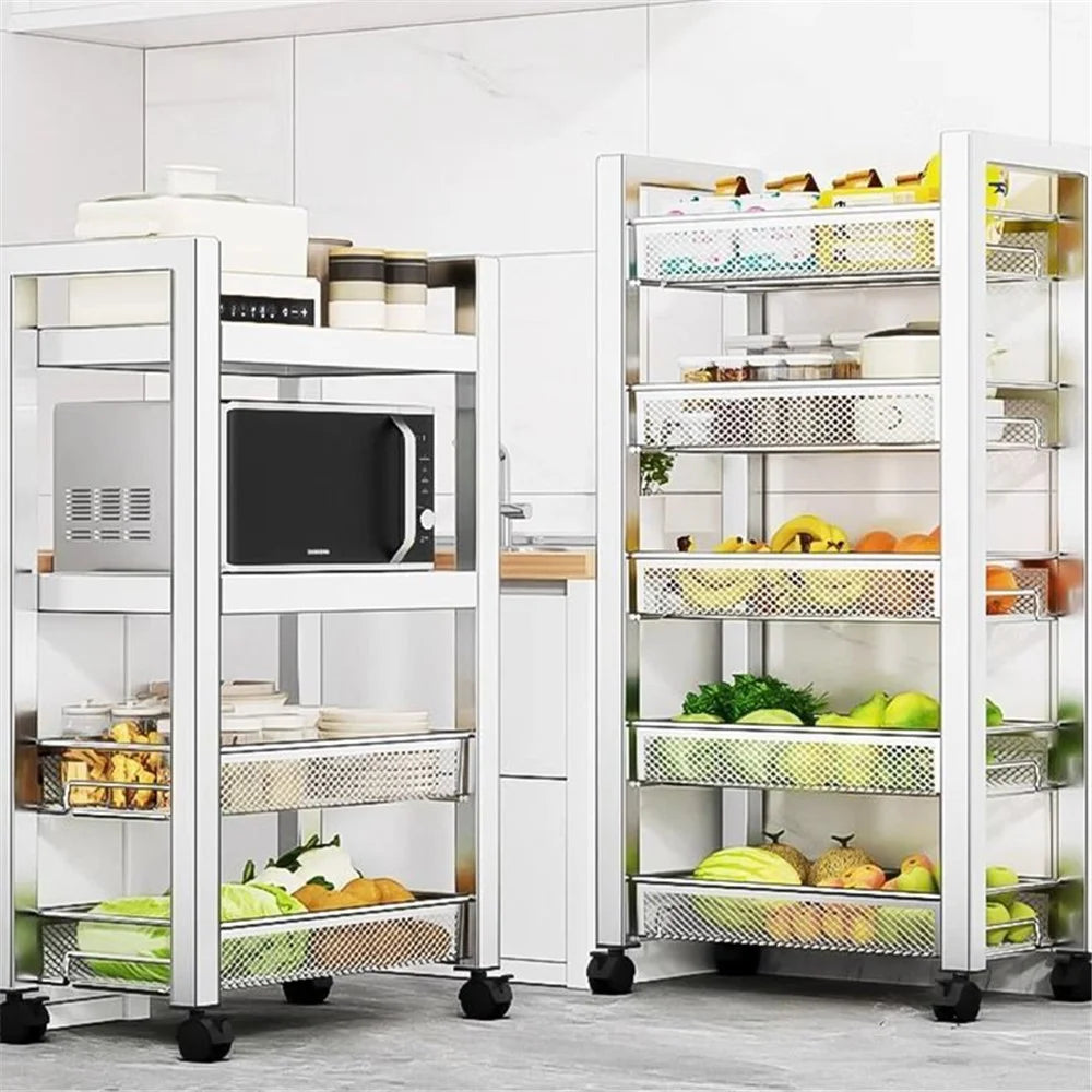 005JGL1034 3-Tier Storage Trolley Cart Stainless Steel Kitchen Rolling Shelf Organizer - 2 Mesh Tier+1 Board - 5