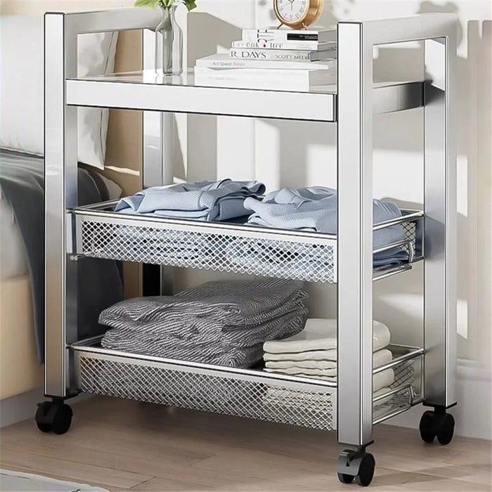 005JGL1034 3-Tier Storage Trolley Cart Stainless Steel Kitchen Rolling Shelf Organizer - 2 Mesh Tier+1 Board - 6