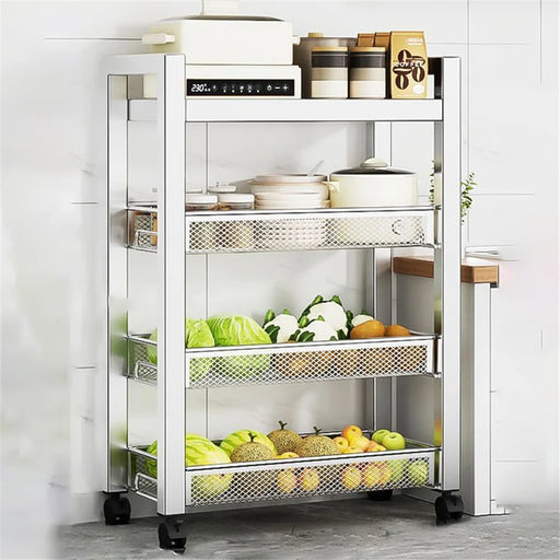 005JGL1038 4-Tier Storage Rack with Wheels, Kitchen Organizer Shelf Stainless Steel Vegetable Basket - 3 Mesh+1 Tray - 1