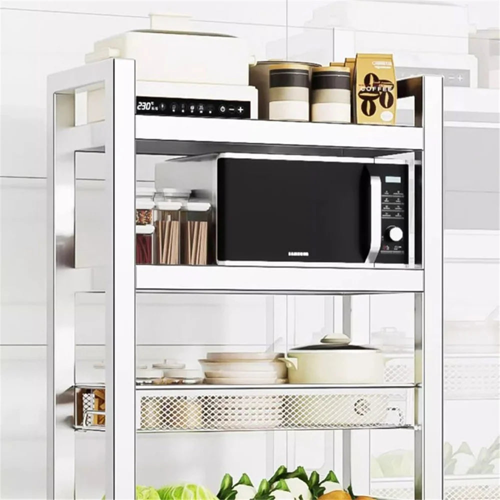 005JGL1038 4-Tier Storage Rack with Wheels, Kitchen Organizer Shelf Stainless Steel Vegetable Basket - 3 Mesh+1 Tray - 2