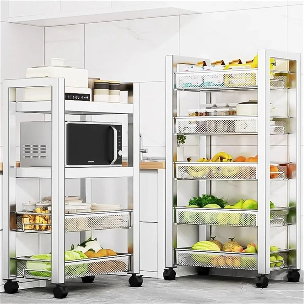 005JGL1038 4-Tier Storage Rack with Wheels, Kitchen Organizer Shelf Stainless Steel Vegetable Basket - 3 Mesh+1 Tray - 3