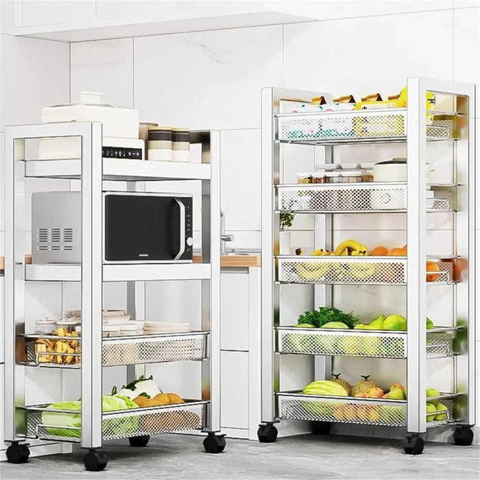 005JGL1038 4-Tier Storage Rack with Wheels, Kitchen Organizer Shelf Stainless Steel Vegetable Basket - 3 Mesh+1 Tray - 3