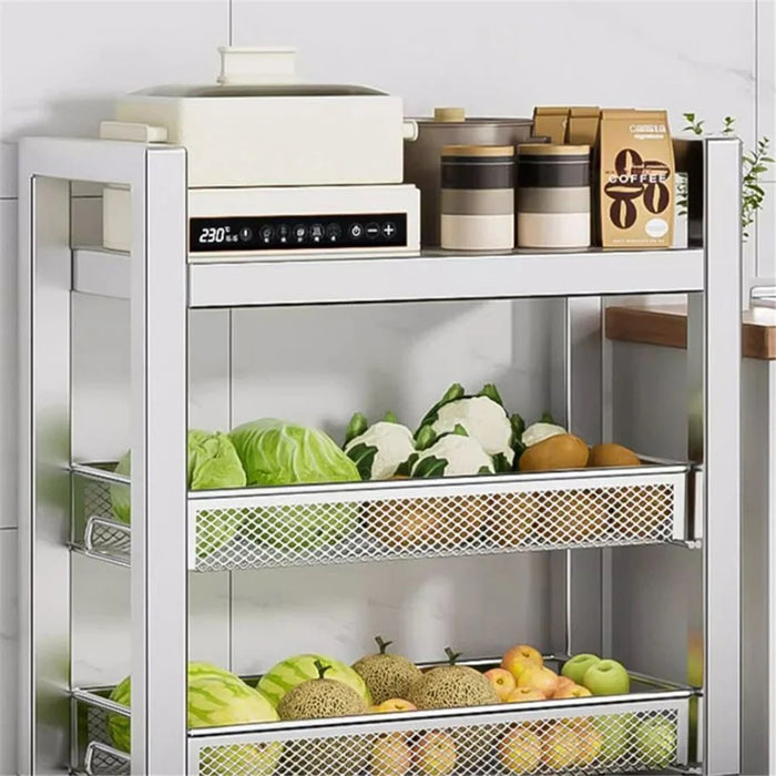 005JGL1038 4-Tier Storage Rack with Wheels, Kitchen Organizer Shelf Stainless Steel Vegetable Basket - 3 Mesh+1 Tray - 4