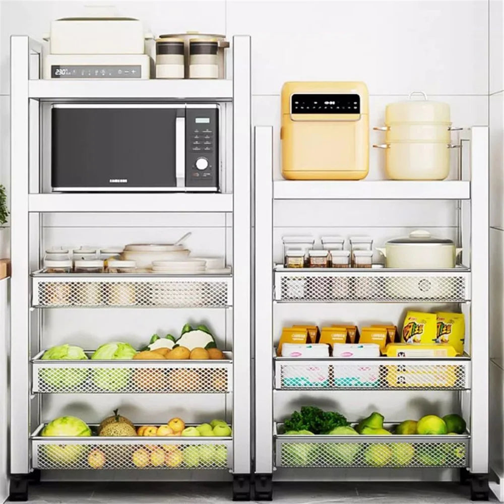 005JGL1038 4-Tier Storage Rack with Wheels, Kitchen Organizer Shelf Stainless Steel Vegetable Basket - 3 Mesh+1 Tray - 5