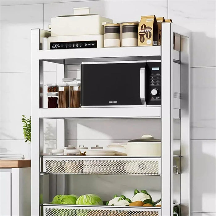 005JGL1038 4-Tier Storage Rack with Wheels, Kitchen Organizer Shelf Stainless Steel Vegetable Basket - 3 Mesh+1 Tray - 6