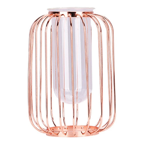 Luxury Transparent Glass Vase with Iron Stand Lantern Shaped Geometric Hydroponic Vase Home Decoration, Size S - Rose Gold - 1