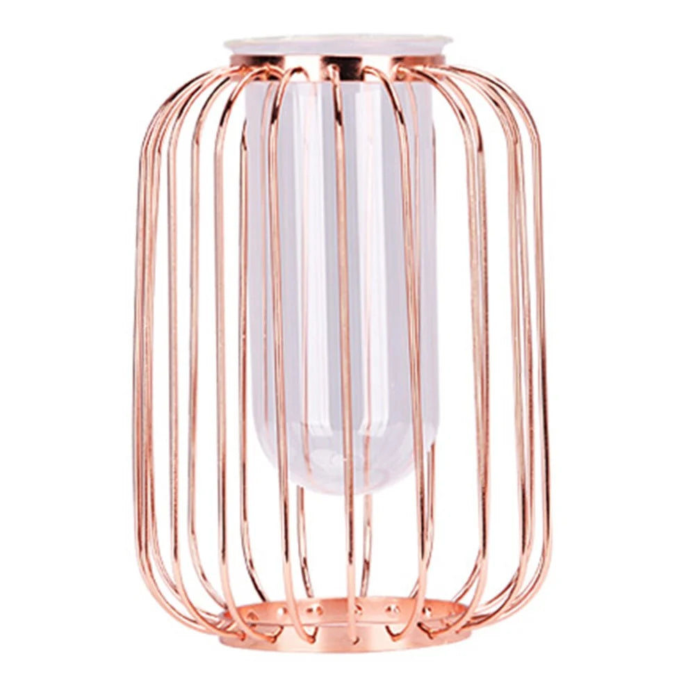 Luxury Transparent Glass Vase with Iron Stand Lantern Shaped Geometric Hydroponic Vase Home Decoration, Size S - Rose Gold - 1