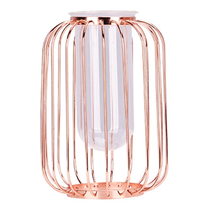 Luxury Transparent Glass Vase with Iron Stand Lantern Shaped Geometric Hydroponic Vase Home Decoration, Size S - Rose Gold - 1