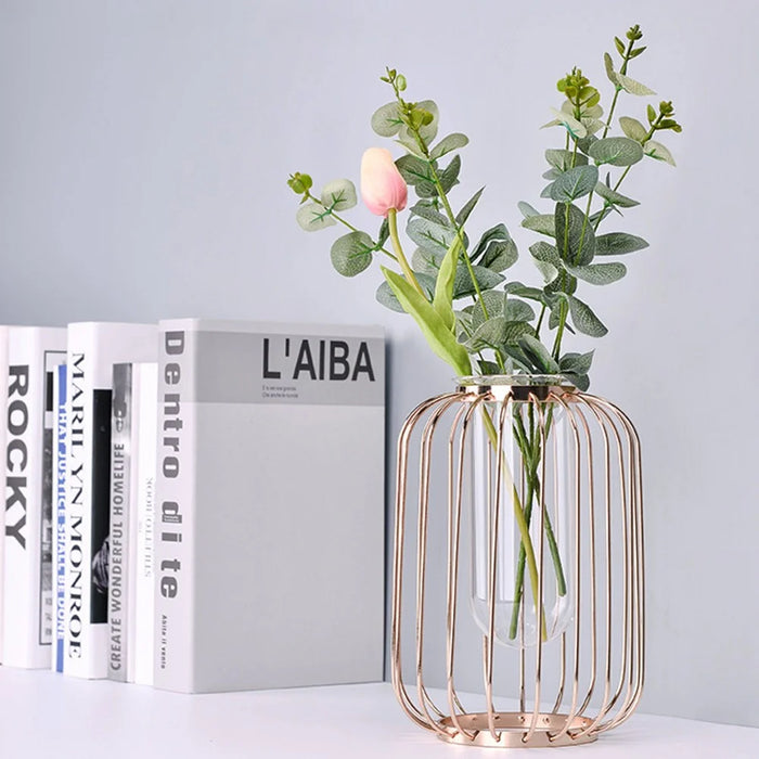 Luxury Transparent Glass Vase with Iron Stand Lantern Shaped Geometric Hydroponic Vase Home Decoration, Size S - Rose Gold - 2