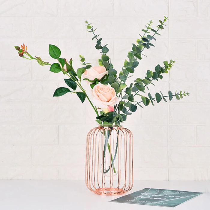 Luxury Transparent Glass Vase with Iron Stand Lantern Shaped Geometric Hydroponic Vase Home Decoration, Size S - Rose Gold - 3