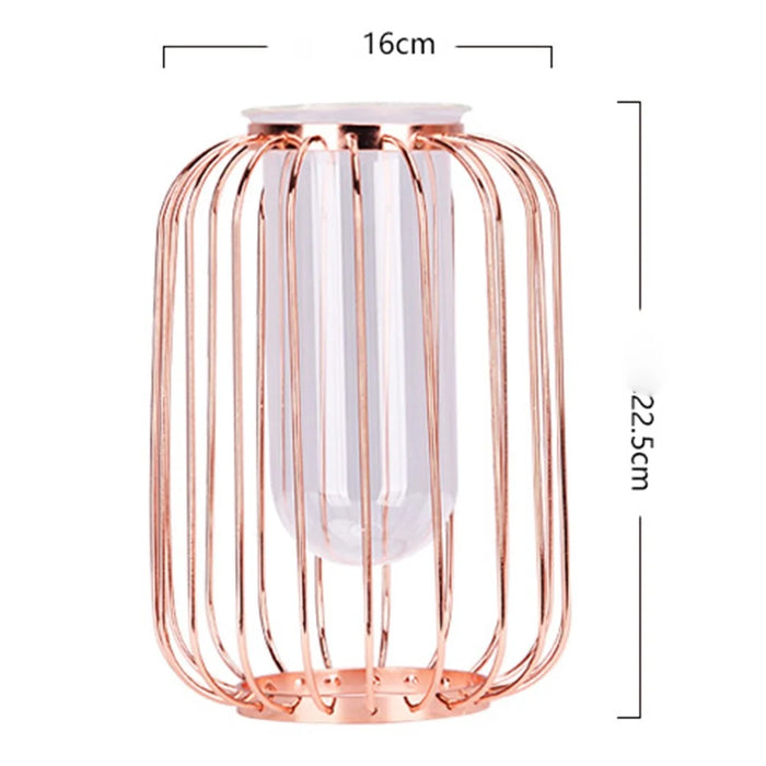 Luxury Transparent Glass Vase with Iron Stand Lantern Shaped Geometric Hydroponic Vase Home Decoration, Size S - Rose Gold - 6