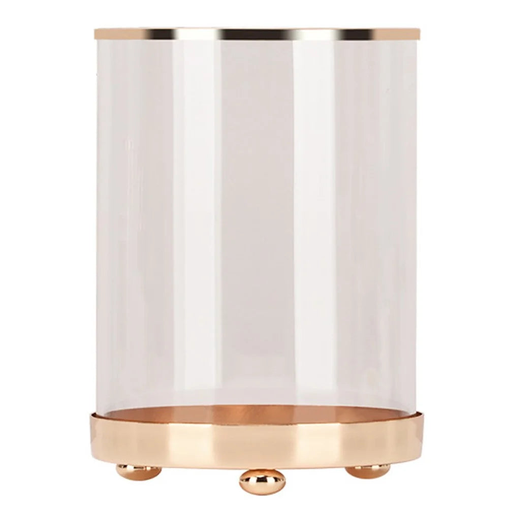 European Style Glass Vase Flowers Metal Glass Candle Holder Cylinder Makeup Brush Storage Holder Case, Size: S - 1