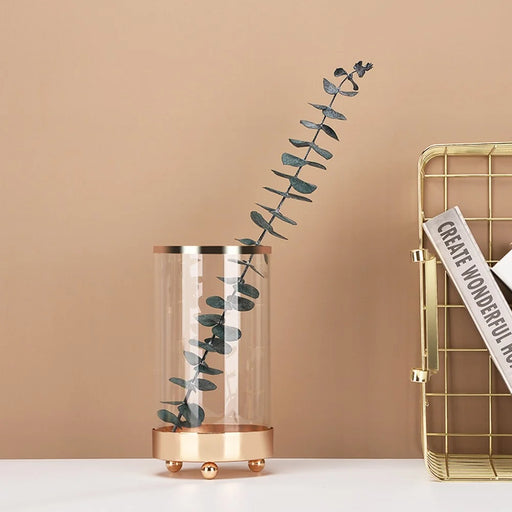 European Style Glass Vase Flowers Metal Glass Candle Holder Cylinder Makeup Brush Storage Holder Case, Size: S - 2