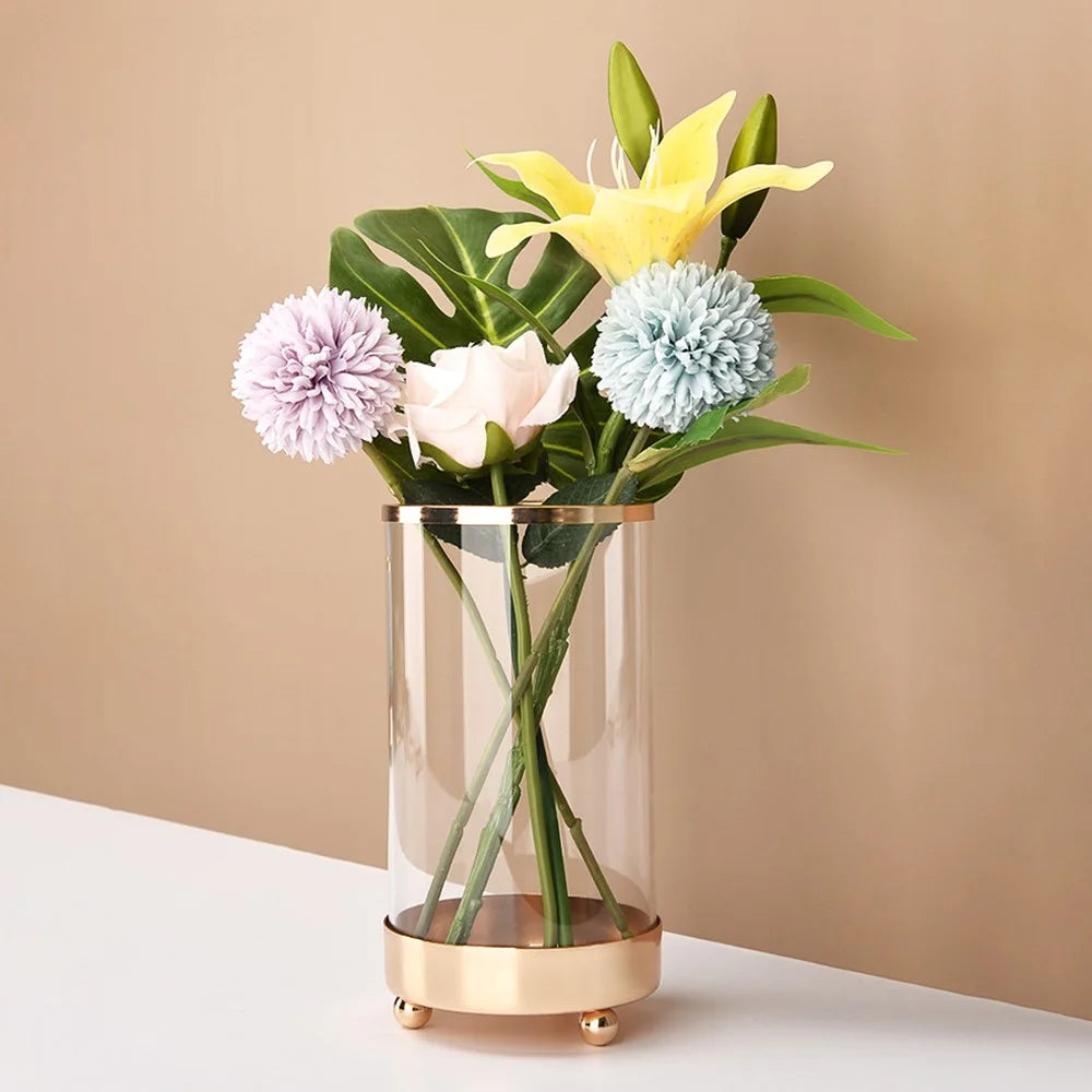 European Style Glass Vase Flowers Metal Glass Candle Holder Cylinder Makeup Brush Storage Holder Case, Size: S - 3