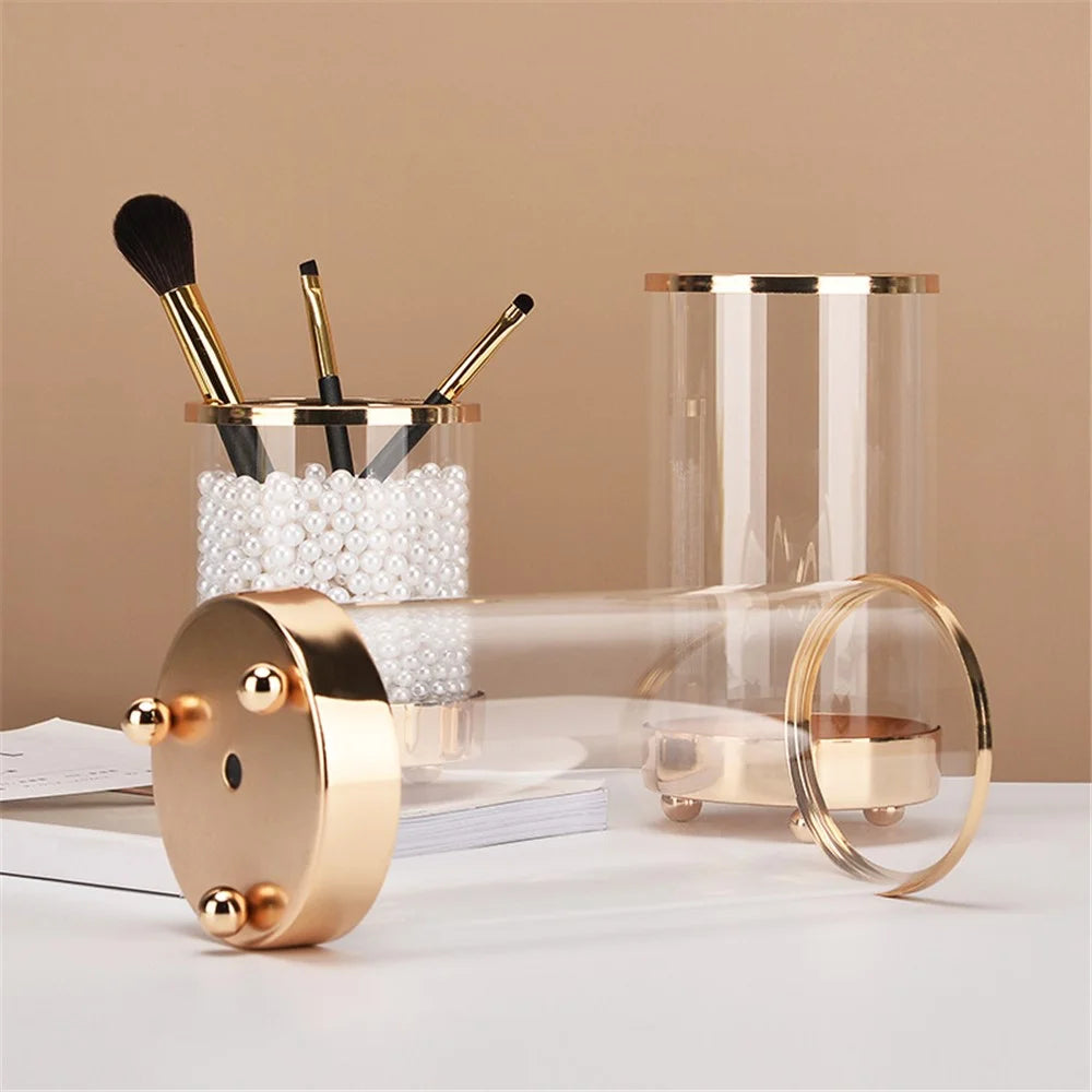 European Style Glass Vase Flowers Metal Glass Candle Holder Cylinder Makeup Brush Storage Holder Case, Size: S - 4