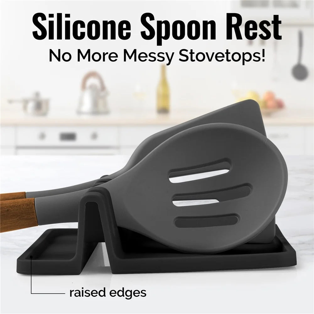 Kitchen Stovetop Silicone Utensil Rest Holder Rack for Spatula, Spoon (BPA-Free, No FDA) - Black - 2
