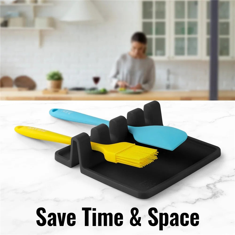 Kitchen Stovetop Silicone Utensil Rest Holder Rack for Spatula, Spoon (BPA-Free, No FDA) - Black - 6