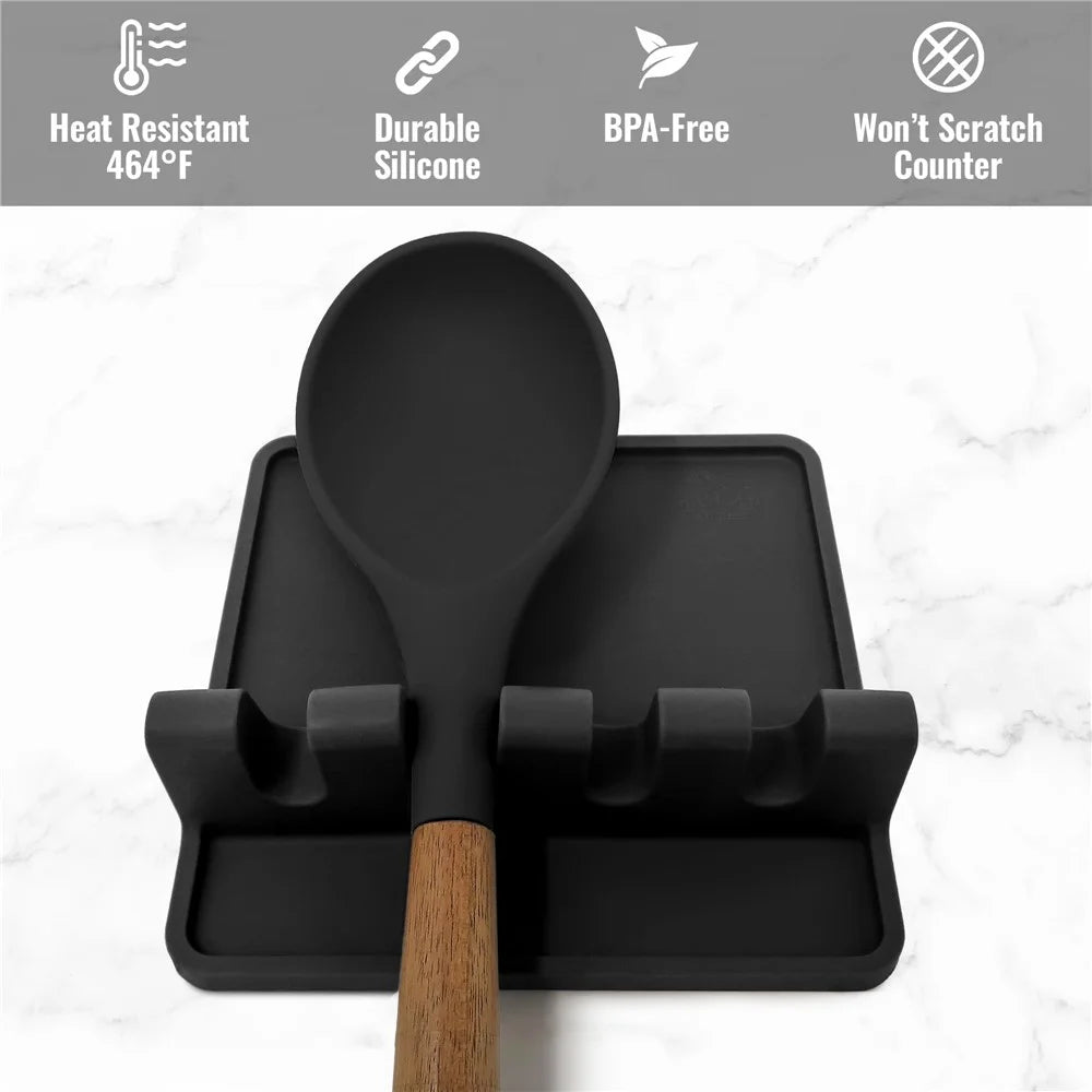 Kitchen Stovetop Silicone Utensil Rest Holder Rack for Spatula, Spoon (BPA-Free, No FDA) - Black - 7