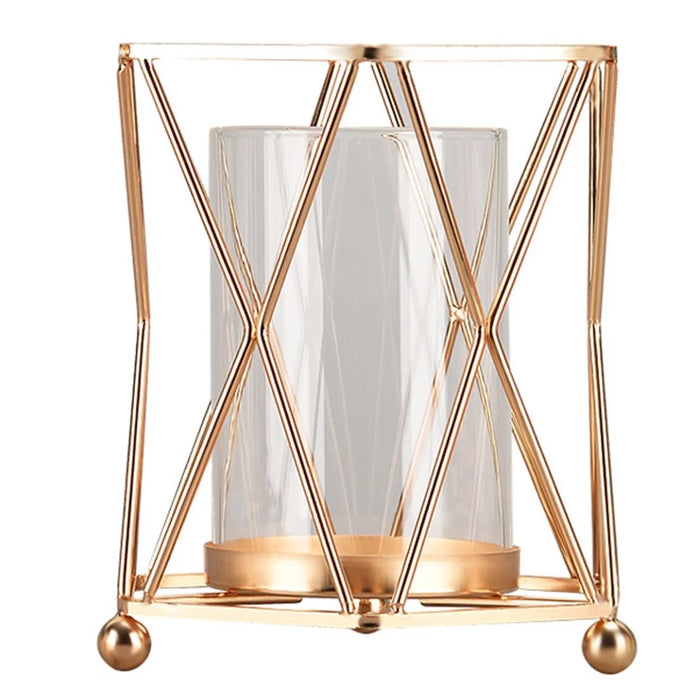 Desk Decorative Transparent Glass Vase Geometric Hydroponic Vase with Iron Frame, Size S - Champagne Gold - 1