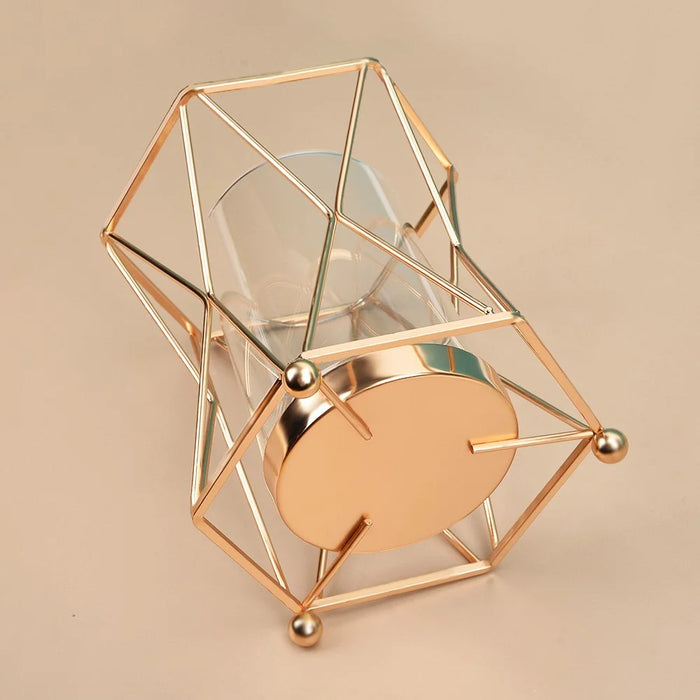 Desk Decorative Transparent Glass Vase Geometric Hydroponic Vase with Iron Frame, Size S - Champagne Gold - 3