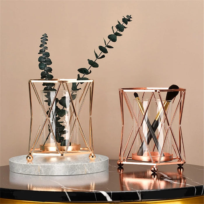 Desk Decorative Transparent Glass Vase Geometric Hydroponic Vase with Iron Frame, Size S - Champagne Gold - 5