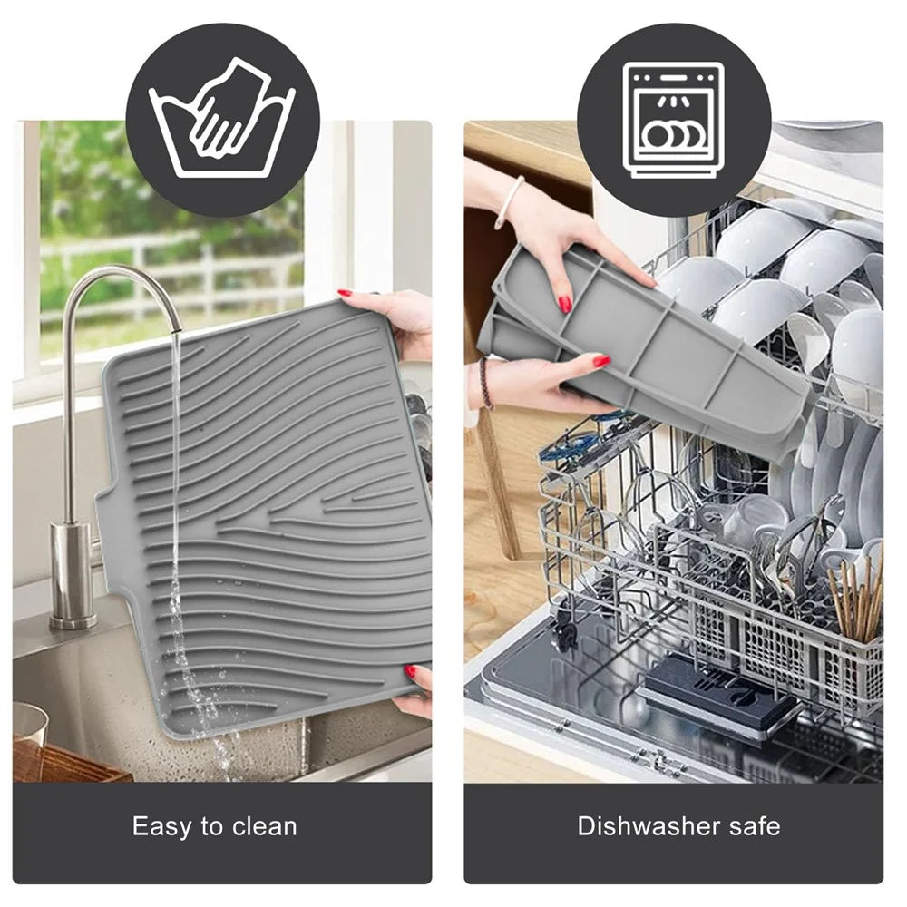 40x30cm Silicone Dish Drying Mat with Drain Lip, Heat-Resistant Dish Draining Mat - Grey - 3