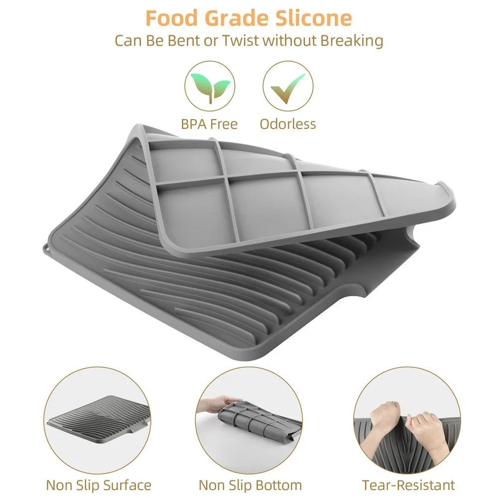 40x30cm Silicone Dish Drying Mat with Drain Lip, Heat-Resistant Dish Draining Mat - Grey - 4