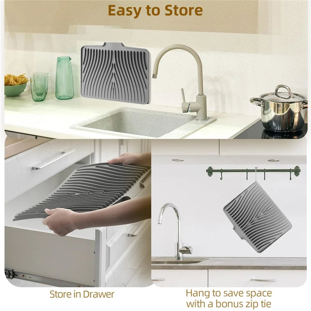 40x30cm Silicone Dish Drying Mat with Drain Lip, Heat-Resistant Dish Draining Mat - Grey - 6