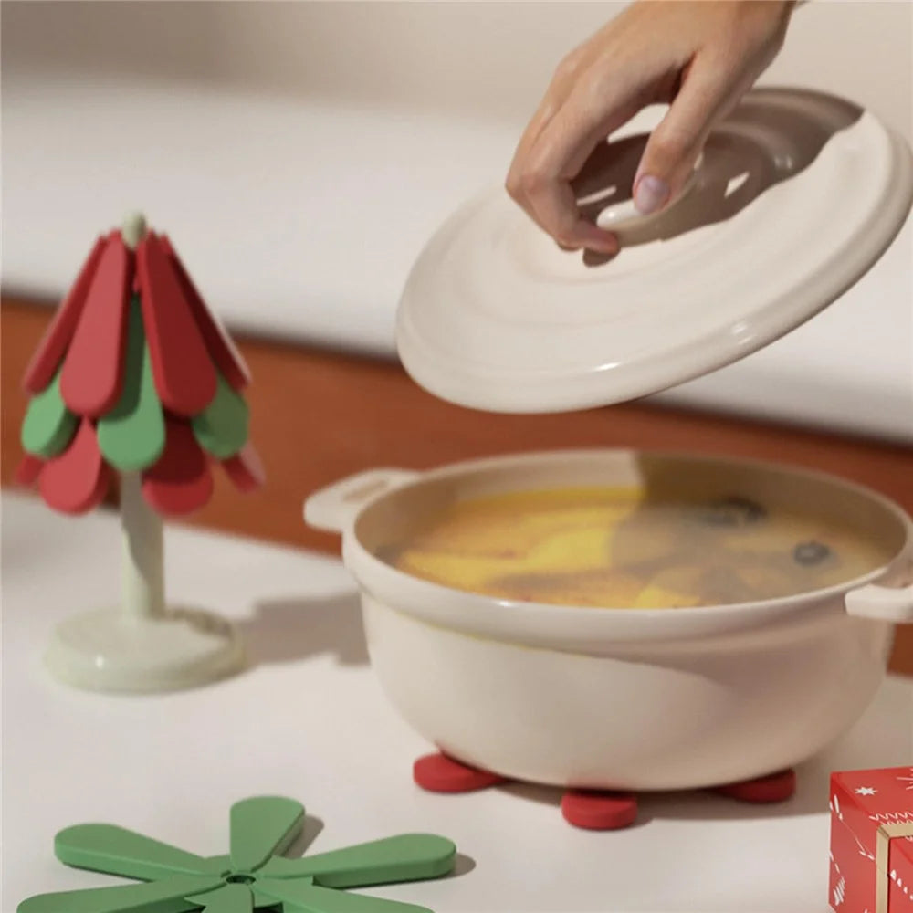 Christmas Tree Coaster Set 3pcs Heat-Resistant ABS+Silicone Cup Bowl Pot Mat for Home Kitchen - Round Base - 3