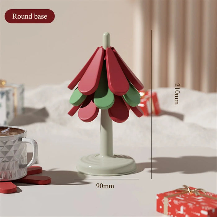 Christmas Tree Coaster Set 3pcs Heat-Resistant ABS+Silicone Cup Bowl Pot Mat for Home Kitchen - Round Base - 6