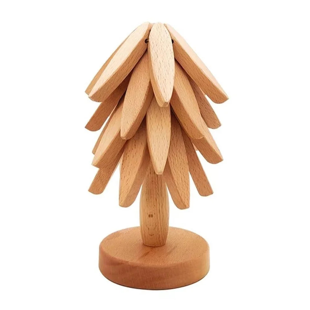 Wooden Hot Dish Insulation Pad 4Pcs Tree Shaped Coaster Set Hot Pots and Pans Insulation Mat - Wood Color - 1