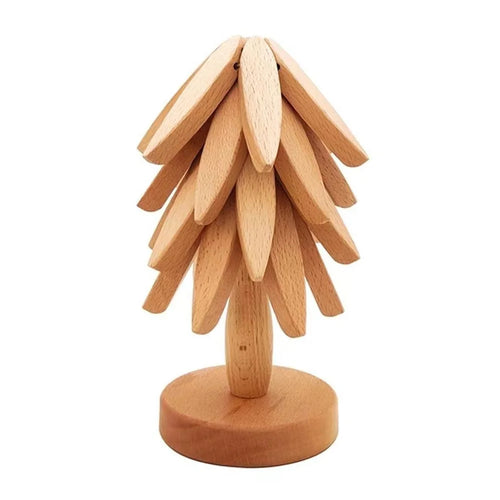Wooden Hot Dish Insulation Pad 4Pcs Tree Shaped Coaster Set Hot Pots and Pans Insulation Mat - Wood Color - 1