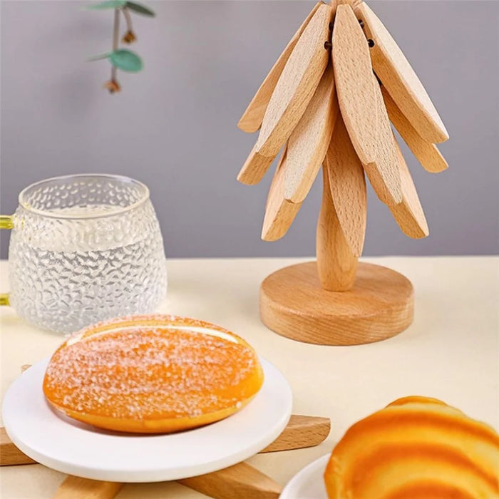 Wooden Insulation Pad 3Pcs Tree Shaped Coaster Set Hot Pots and Pans Insulation Mat - Wood Color - 4