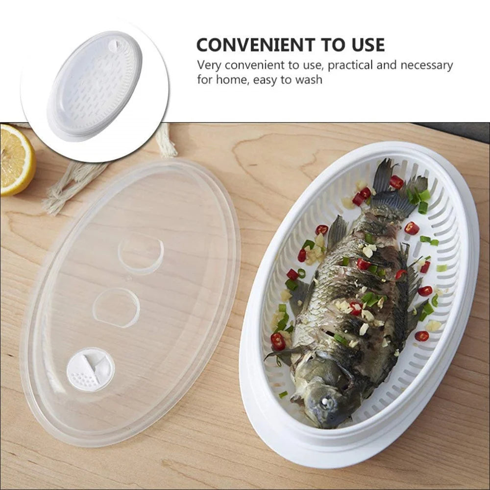 Microwave Fish Steamer Multifunction Fish Steaming Tray Oval Microwave Oven Steamer with Lid (BPA Free, No FDA) - 3
