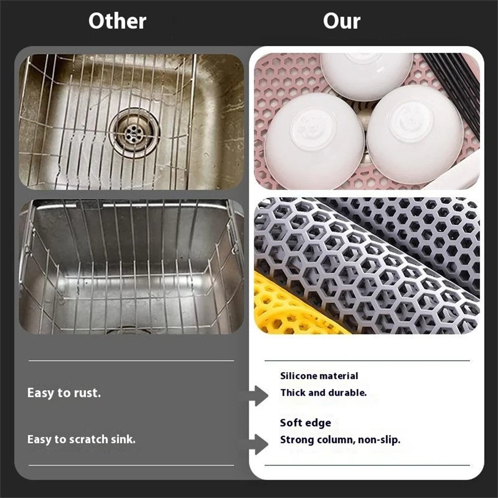 Large Size Silicone Kitchen Hollow Sink Mat Non-Slip Heat Insulation Desk Pad Drain Mat - Yellow - 3