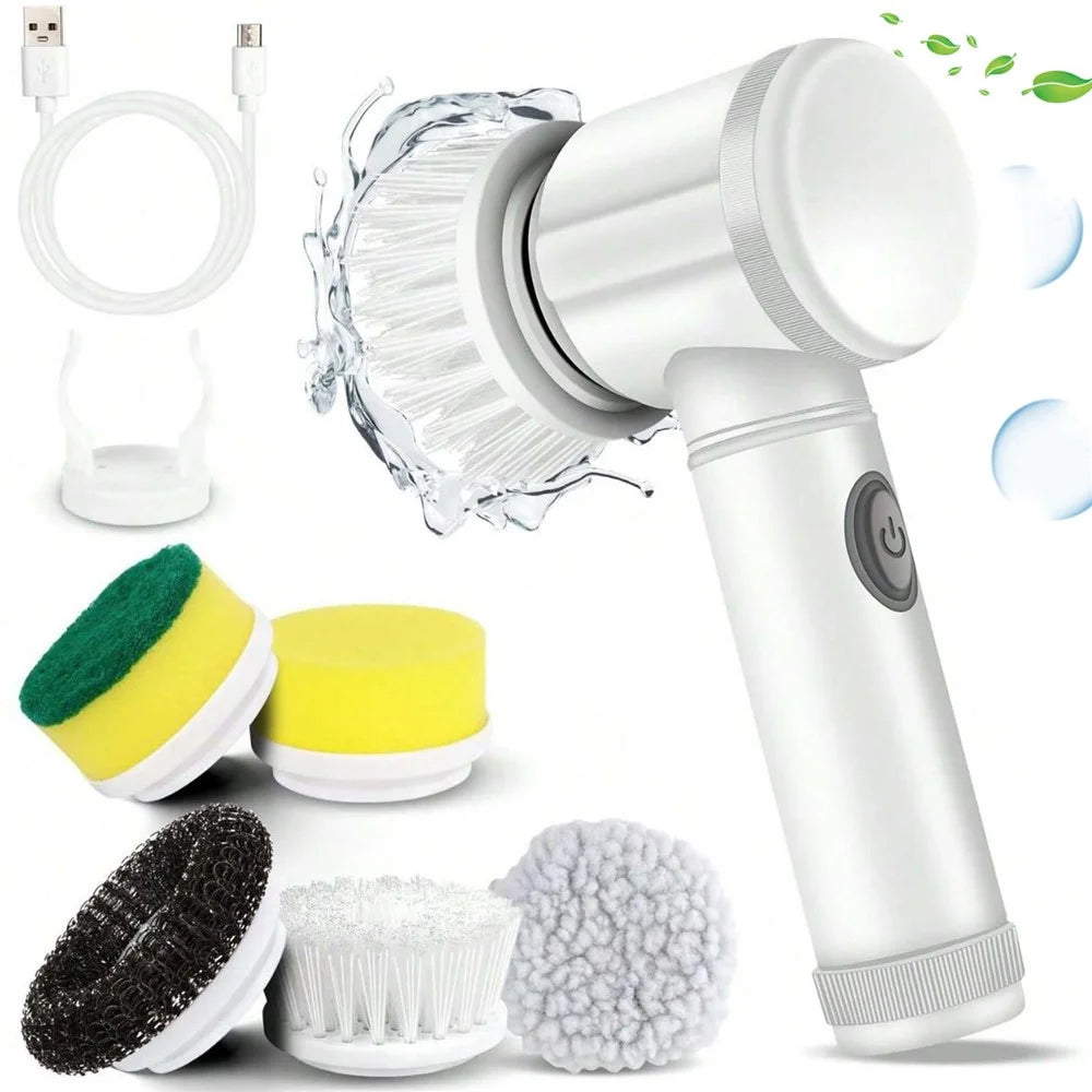 Electric Scrubber Cordless Power Cleaning Brush with 5 Replaceable Brush Heads - White - 1