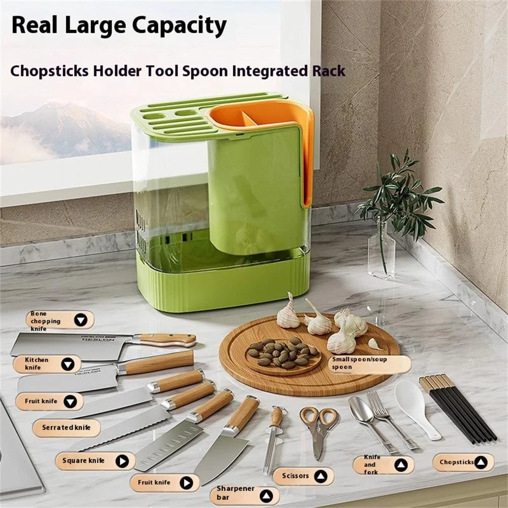 Rotating Knife Block Utensil Holder Countertop Organizer for Knives Chopsticks Spoons Kitchen Storage Rack - Green - 2