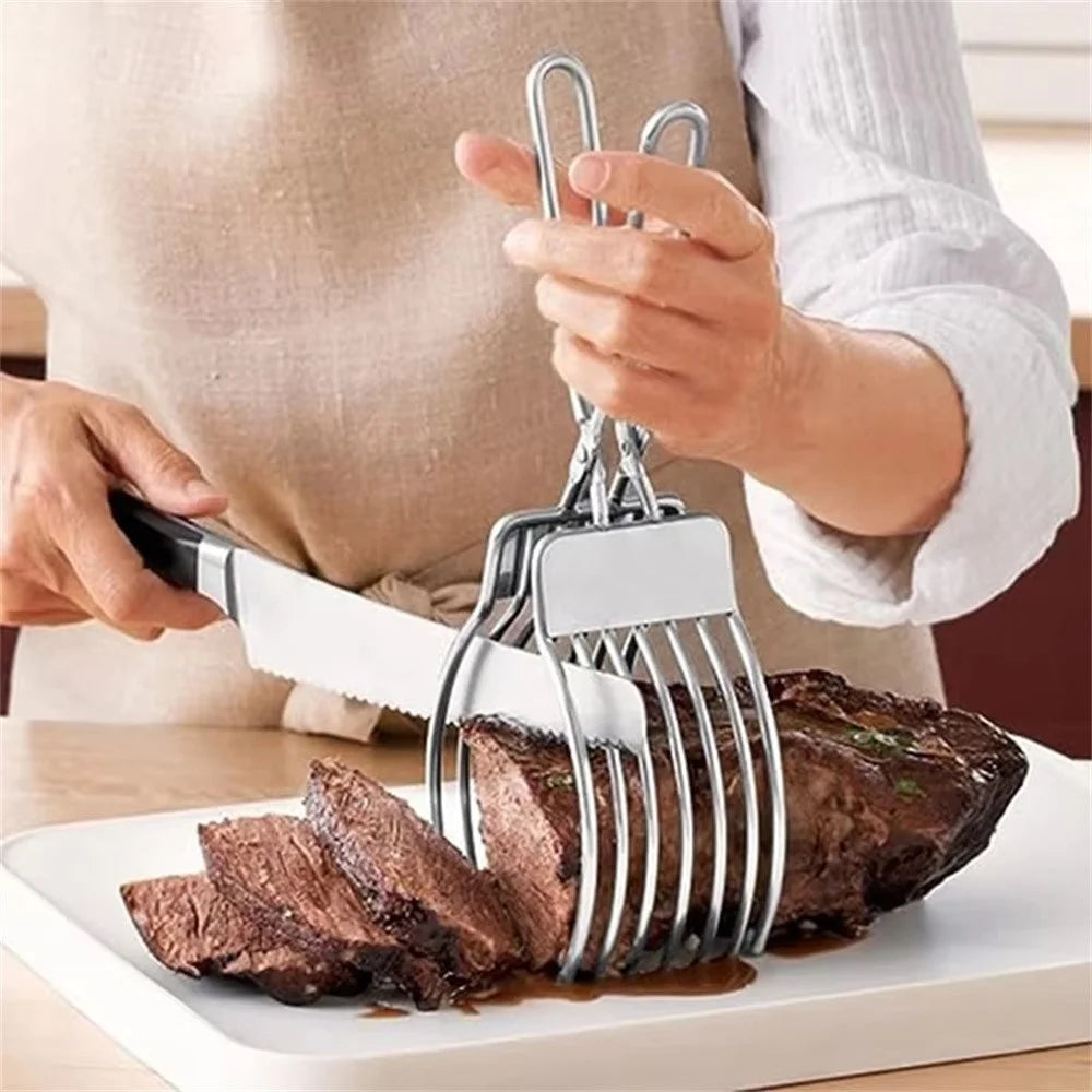 Stainless Steel Slicer Tongs Ham Hot Dog Sausage Bread Slicing Holder Kitchen Tool (BPA Free, No FDA) - 2