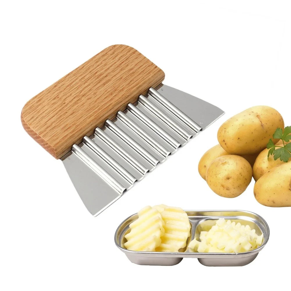Potato Chipper Stainless Steel Wavy Blade Potato Crinkle Cutter Wooden Handle Cutting Tool (BPA Free, No FDA) - 2