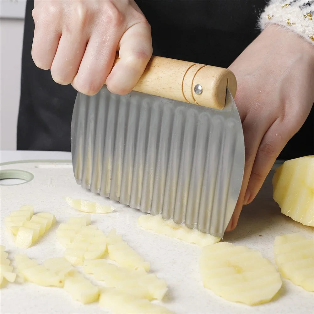 Wavy Blade French Fry Cutter Stainless Steel Potato Crinkle Cutter with Wooden Handle (BPA Free, No FDA) - 2