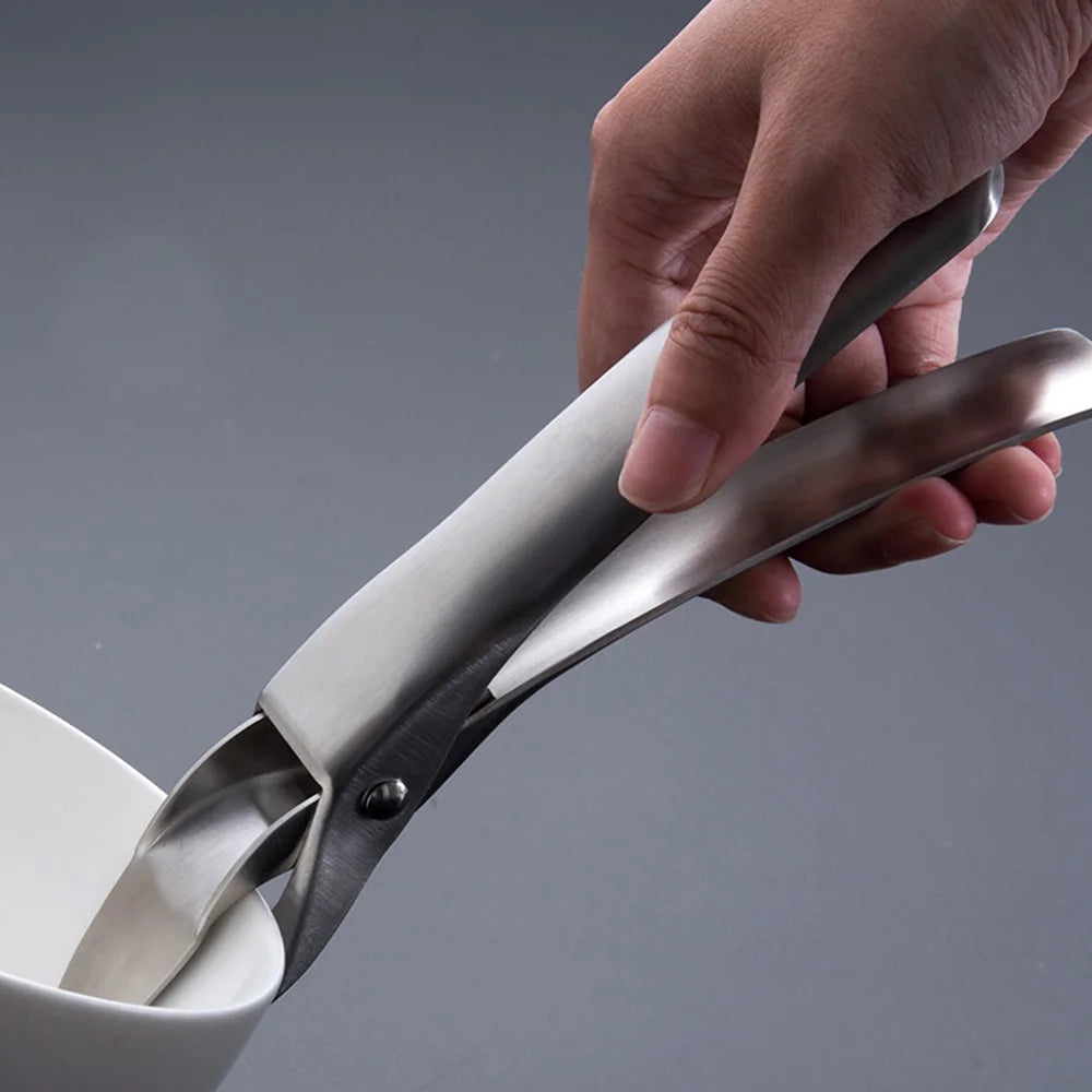 304 Stainless Steel Anti-Scald Tongs Kitchen Hot Plate Gripper Ergonomic Non-Slip Clamp for Bowl Dish - Silver - 3