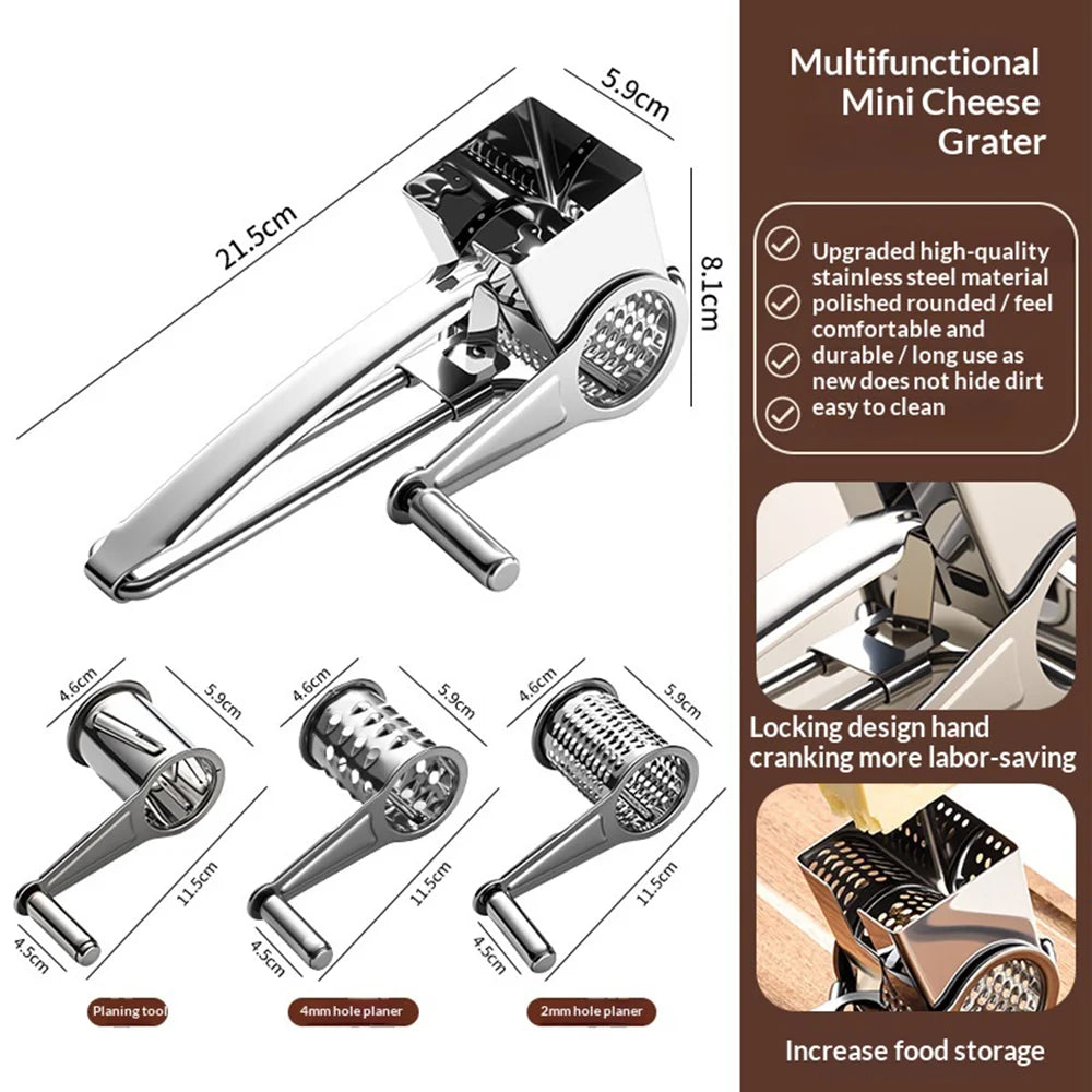 3 in 1 Stainless Steel Cheese Grater Hand Crank Rotary Grater with 3 Blades for Kitchen (FCM Tested) - Silver - 7