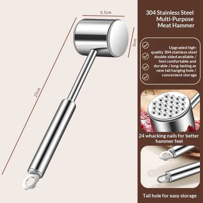 304 Stainless Steel Meat Tenderizer Hammer Long Handle Meat Mallet Kitchen Tool (FCM Tested, BPA Free) - Square Tail - 6