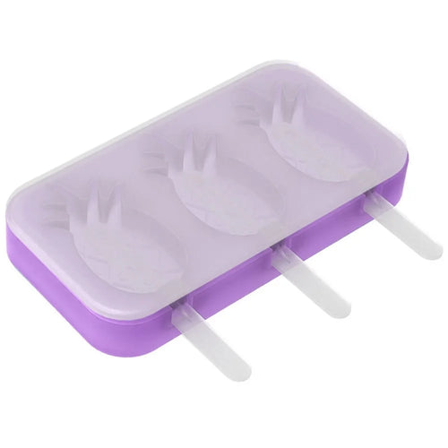 Silicone Ice Cream Popsicle Molds 3-Cavity Fruit-Shaped DIY Frozen Treats Maker with Lid (No FDA, BPA Free) - Pineapple  /  Purple - 1