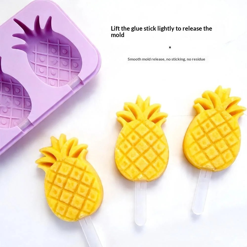 Silicone Ice Cream Popsicle Molds 3-Cavity Fruit-Shaped DIY Frozen Treats Maker with Lid (No FDA, BPA Free) - Pineapple  /  Purple - 2