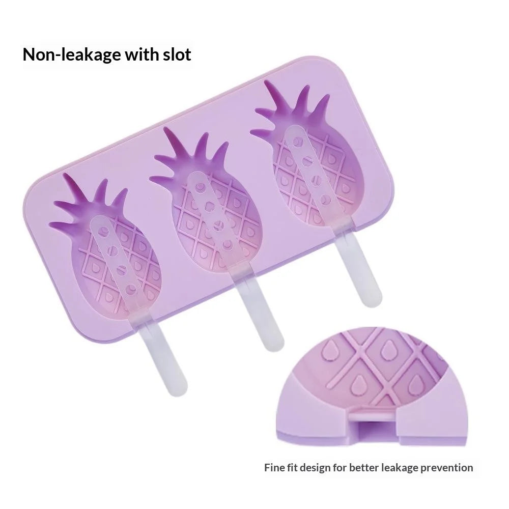 Silicone Ice Cream Popsicle Molds 3-Cavity Fruit-Shaped DIY Frozen Treats Maker with Lid (No FDA, BPA Free) - Pineapple  /  Purple - 3