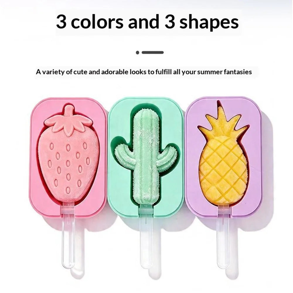 Silicone Ice Cream Popsicle Molds 3-Cavity Fruit-Shaped DIY Frozen Treats Maker with Lid (No FDA, BPA Free) - Pineapple  /  Purple - 7